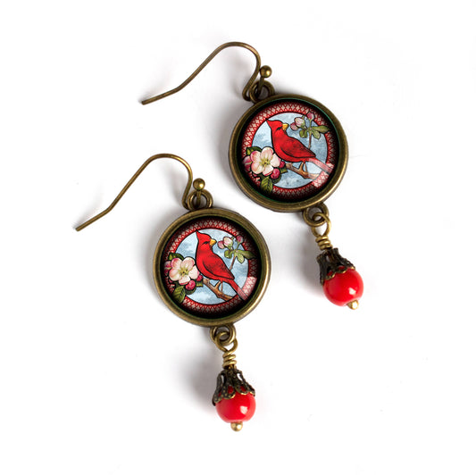 Cardinal Bird Vintage Inspired Glass CabochonSpring/Summer Classic Woven Fashion Trilby Fedora Hat Earrings