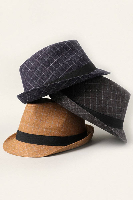 Fashion City - Men's Windowpane Pattern Short Brim Trilby Fedora