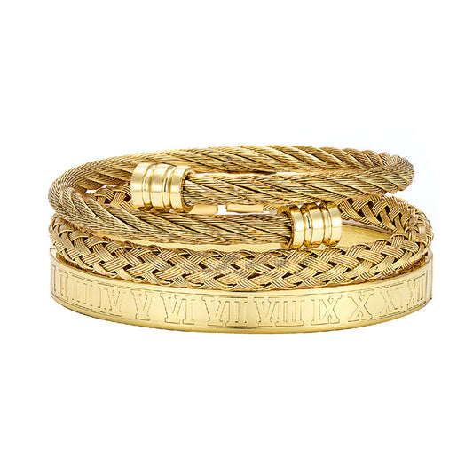 Cross-border Hot Selling Men's Vintage Roman Numerals Stainless Steel Cylindrical Head Braided Titanium Steel Bracelet Bracelet Three-piece Suit