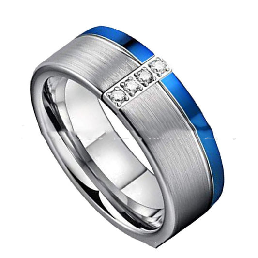 Tungsten Steel Ring Slotted Blue Zircon Men's Single Tungsten Gold Ring