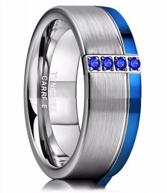 Tungsten Steel Ring Slotted Blue Zircon Men's Single Tungsten Gold Ring