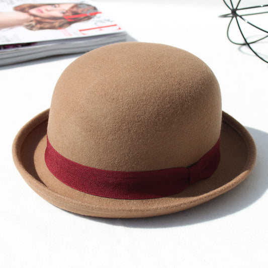 Casual British Style Round Top Curled Wool Bow Hat
