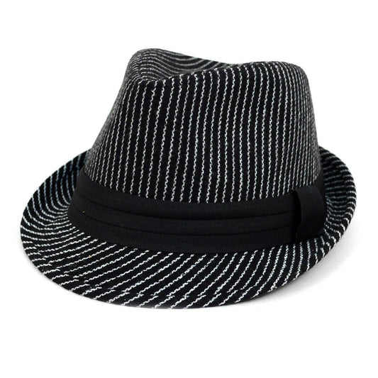 White and black weaved hat with black belt
