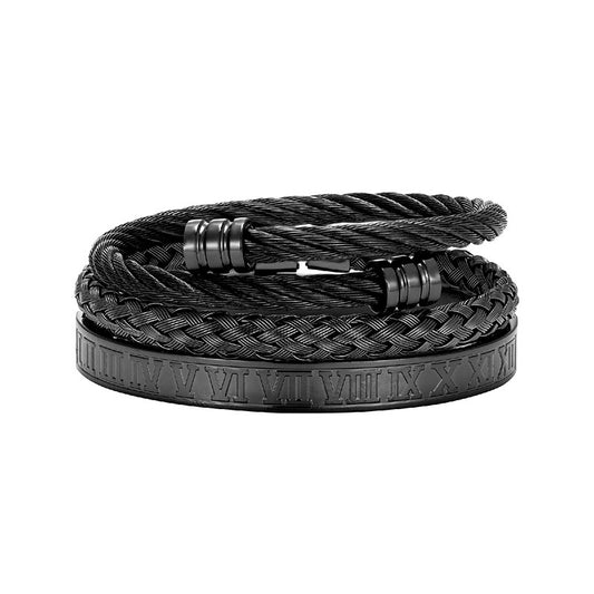 Cross-border Hot Selling Men's Vintage Roman Numerals Stainless Steel Cylindrical Head Braided Titanium Steel Bracelet Bracelet Three-piece Suit