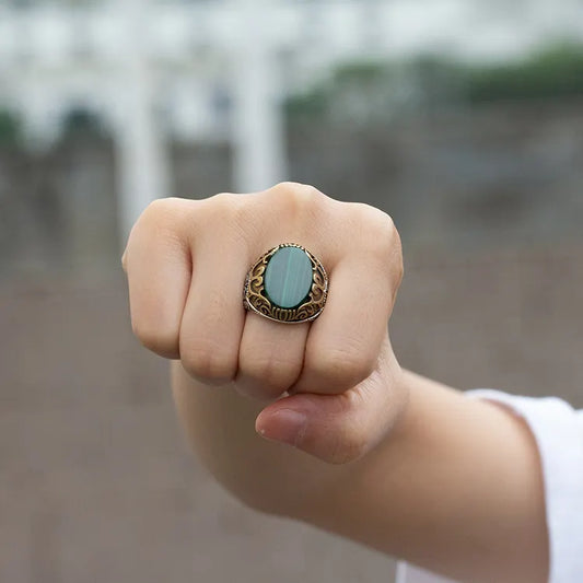 925 Sterling Silver rings for Men with Big Natural Onyx Malachite stone Vintage Handmade Statement Wedding Ring for Male Female.