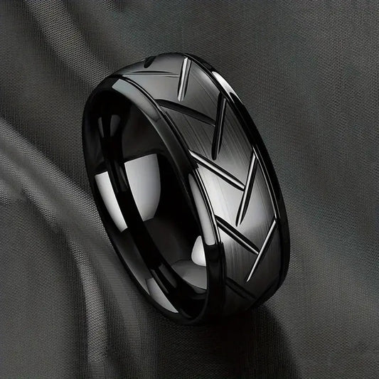 Curved black steel ring featuring a diagonal design - ideal for modern fashion enthusiasts