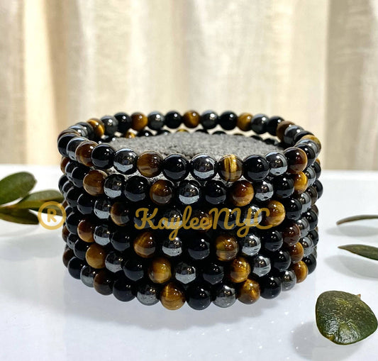 Wholesale 6 Pcs Natural Tiger Eye Hematite Black Onyx 6mm 7.5” Crystal Bracelet